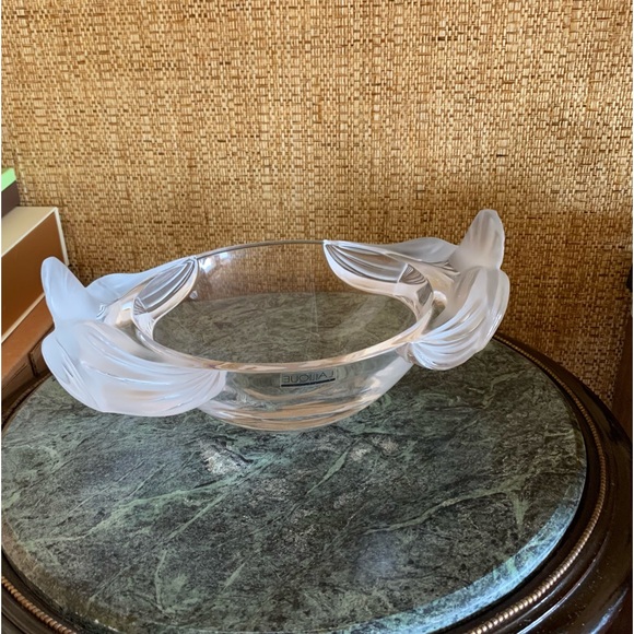 LALIQUE fruit bowl with double orchid L12.5”,D8.5”,H5 1/4”Signed Lalique France - Picture 6 of 12